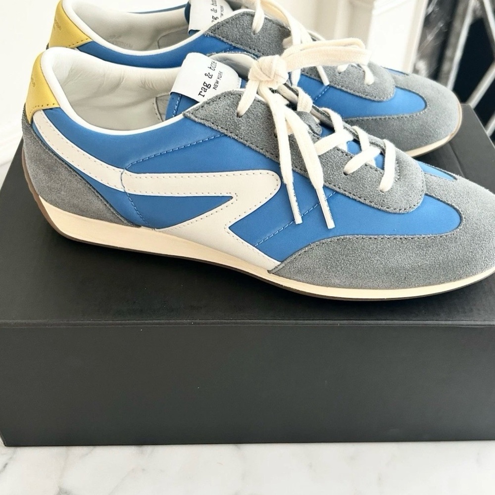 rag & bone Blue Gray White Yellow Suede Runner Sneakers